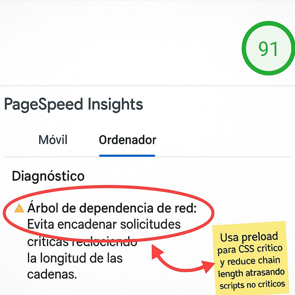 Árbol de dependencia de red Evita encadenar solicitudes críticas reduciendo la longitud de las cadenas pagespeed