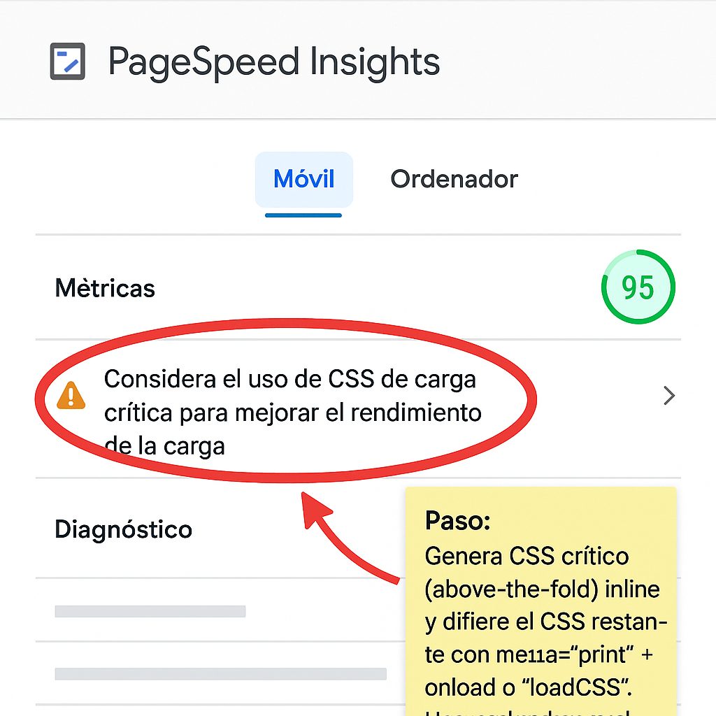 Considera el uso CSS de carga crítica para mejorar el rendimiento de la carga pagespeed