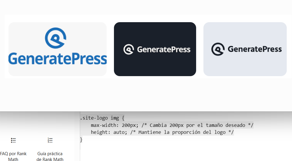 Guía para cambiar el tamaño de logo en cabecera de tema GeneratePress usando CSS personalizado en WordPress