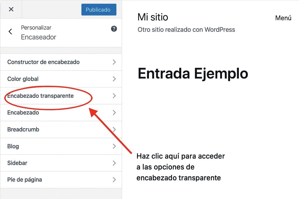 Haz clic aquí para acceder a las opciones de encabezado transparente