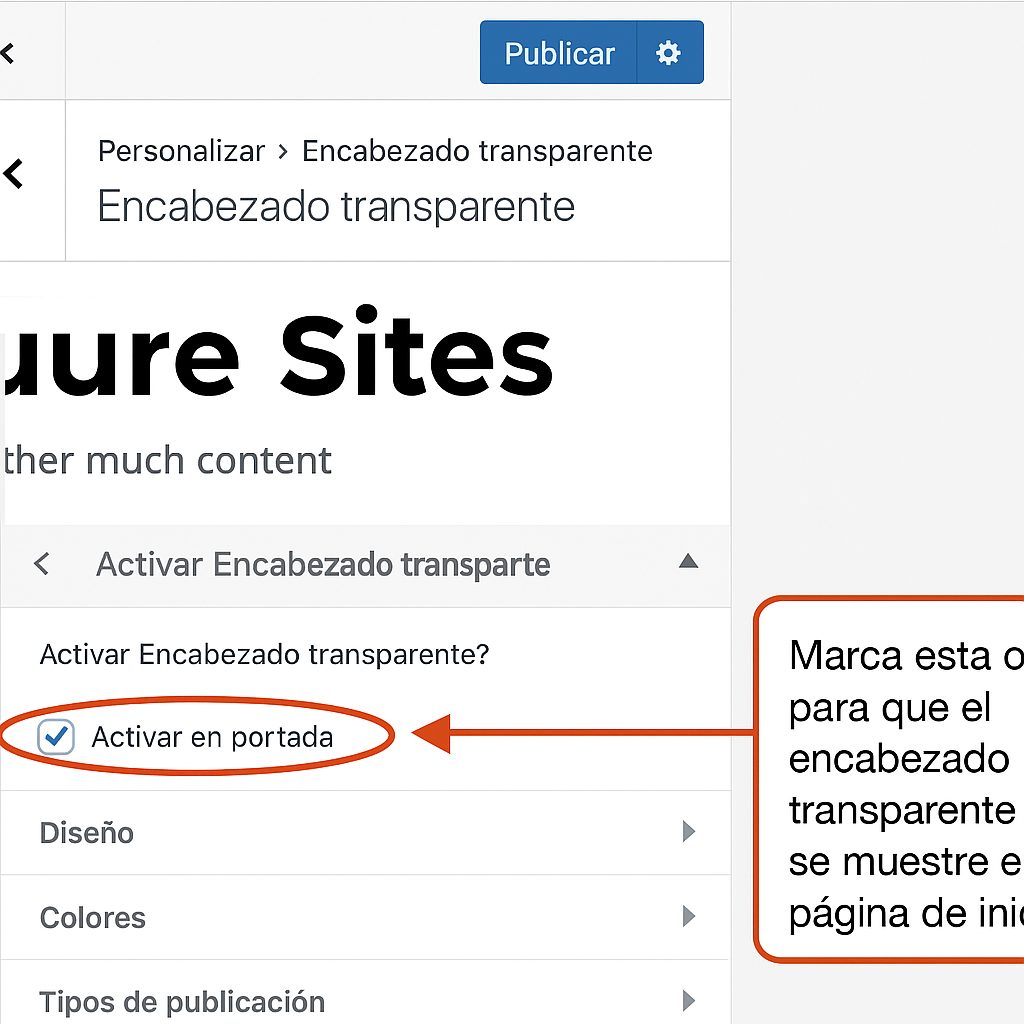 Marca esta opción para que el encabezado transparente solo se muestre en la página de inicio