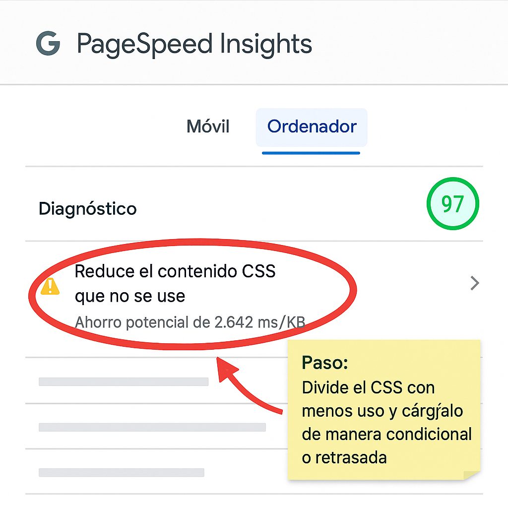 Reduce el contenido CSS que no se use Ahorro potencial pagespeed