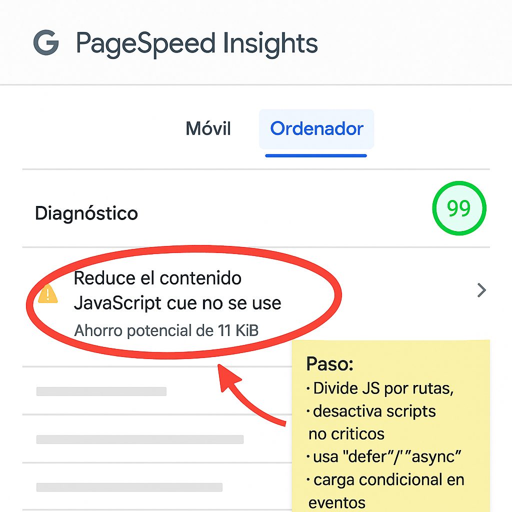Reduce el contenido JavaScript que no se use pagespeed