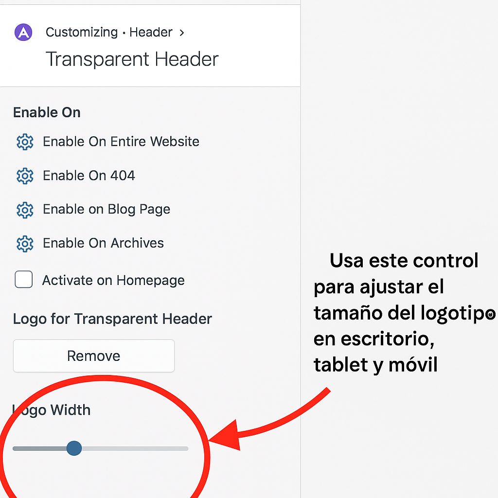 Usa este control para ajustar el tamaño del logotipo en escritorio, tablet y móvil