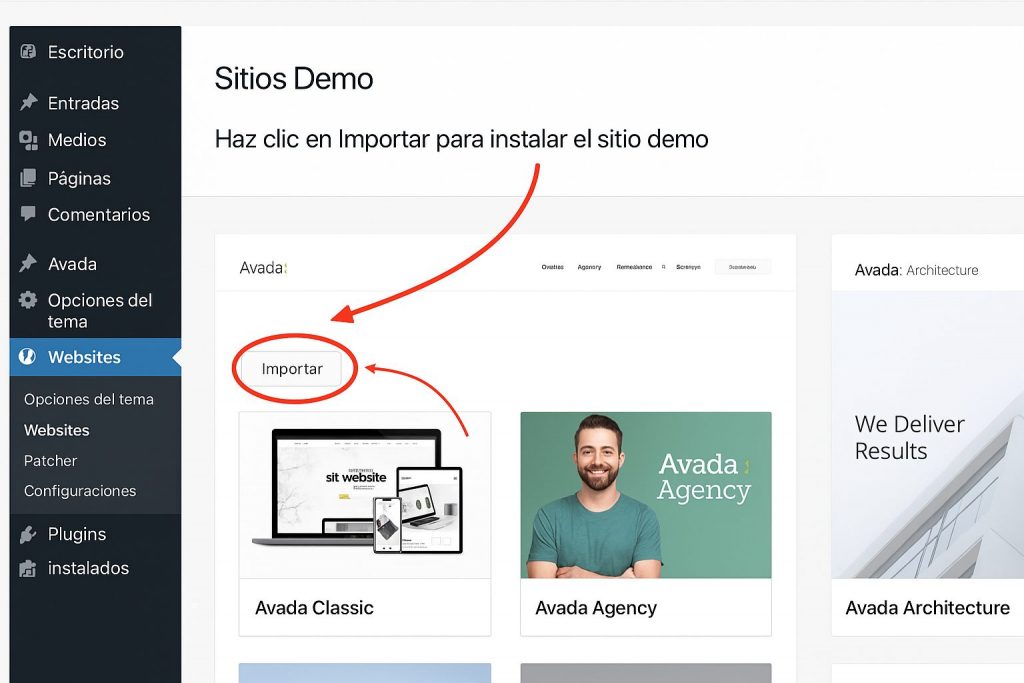 importar sitios demo en avada