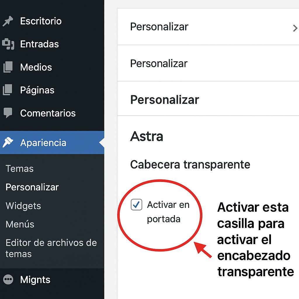 paso 2 activar la portada en tema astra