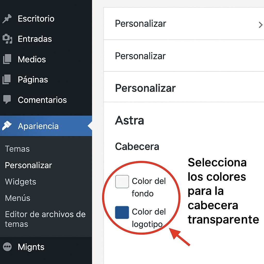 paso 3 selecciona colores de cabecera para tema astra