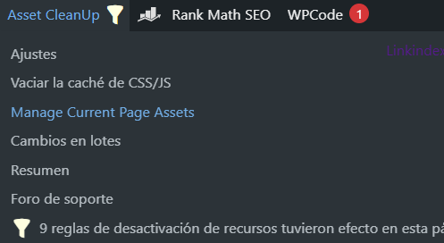 seleccionar nuestra landing con el plugin wp assets de wordpress
